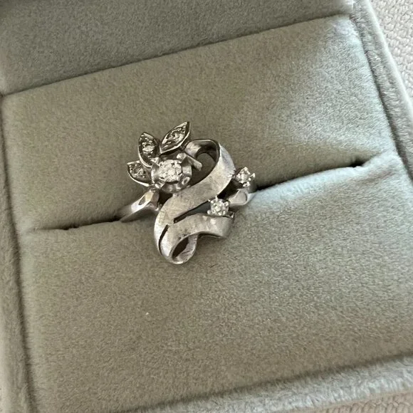 Antique Art Deco 14k White Gold Diamond Cocktail Ring Vintage Size 6 - Picture 2 of 7